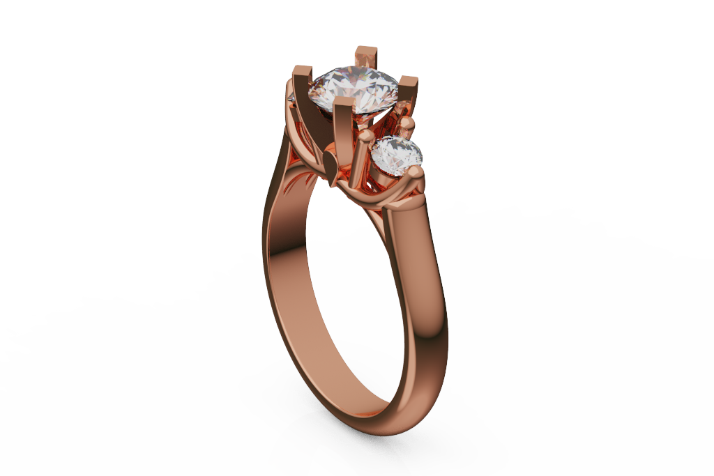 Round Three Stone Engagement Ring With Scroll Gallery