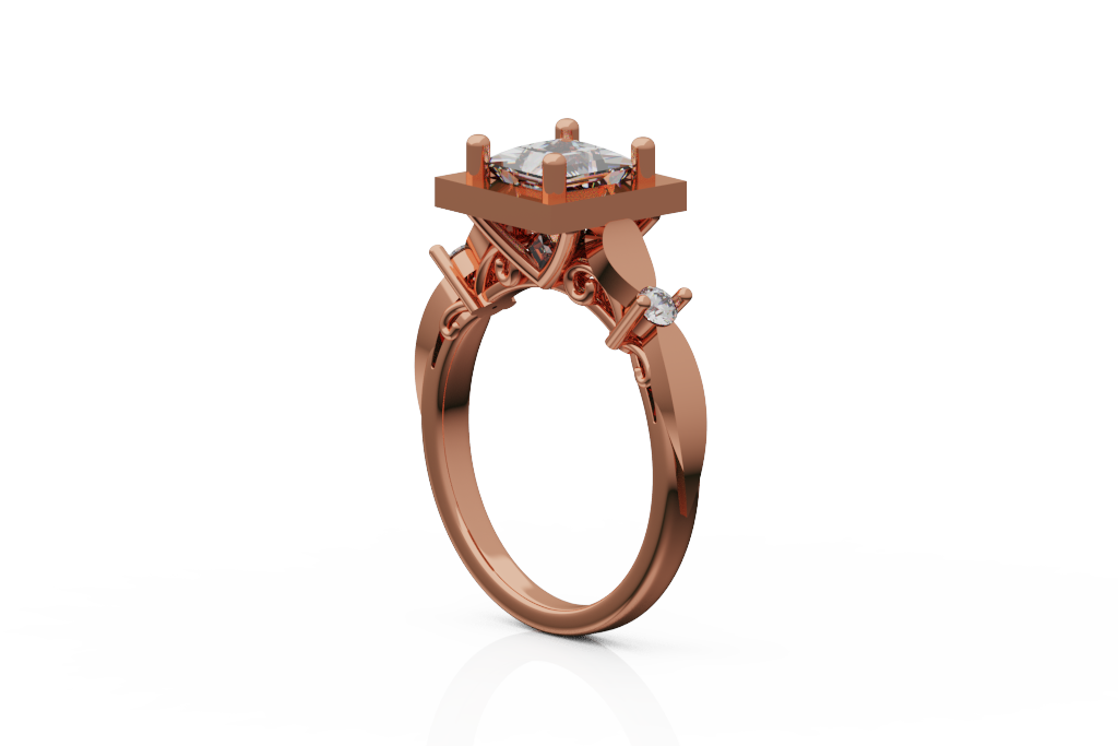Princess Cut Ring With Square Frame And Ornate Side Bridges