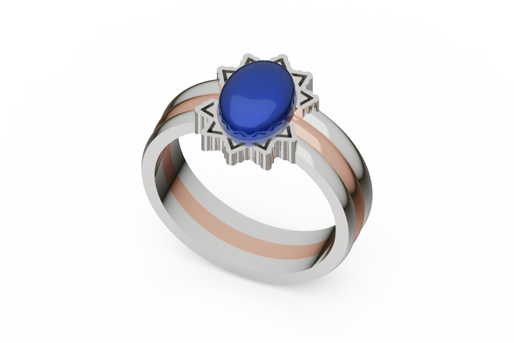 Two Tone Stacked Ring With Blue Oval Cabochon Sunburst Top
