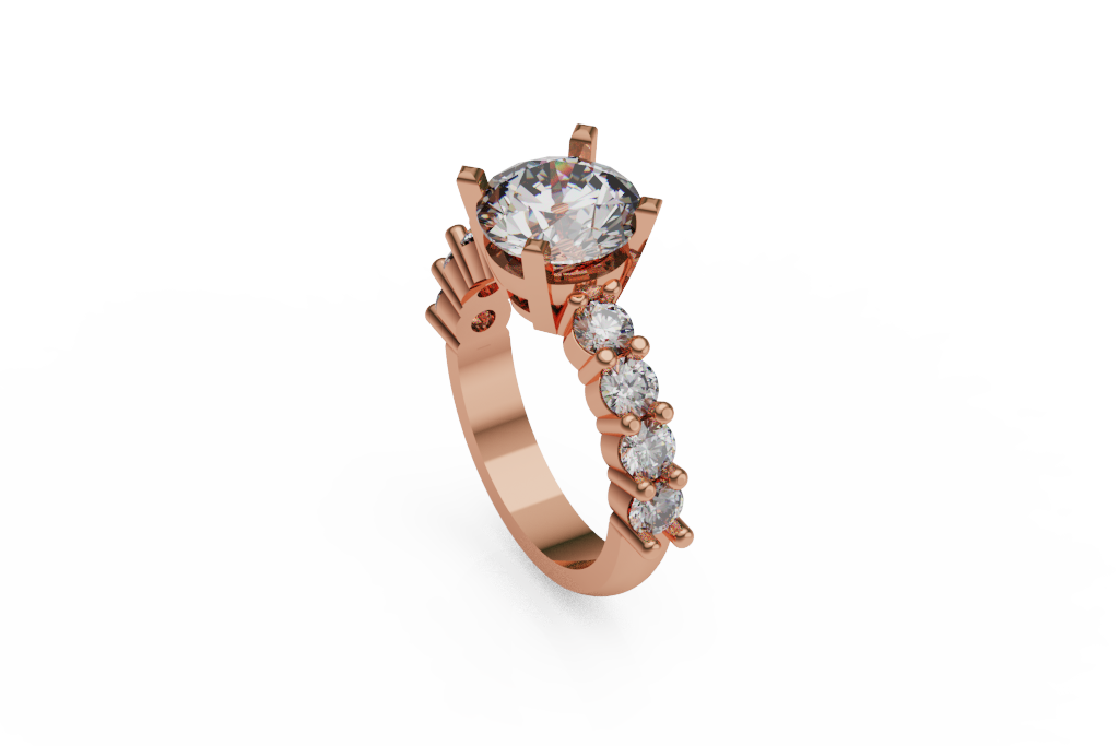Round Solitaire Ring With Diamond Shoulders And Baguette Fan Ends