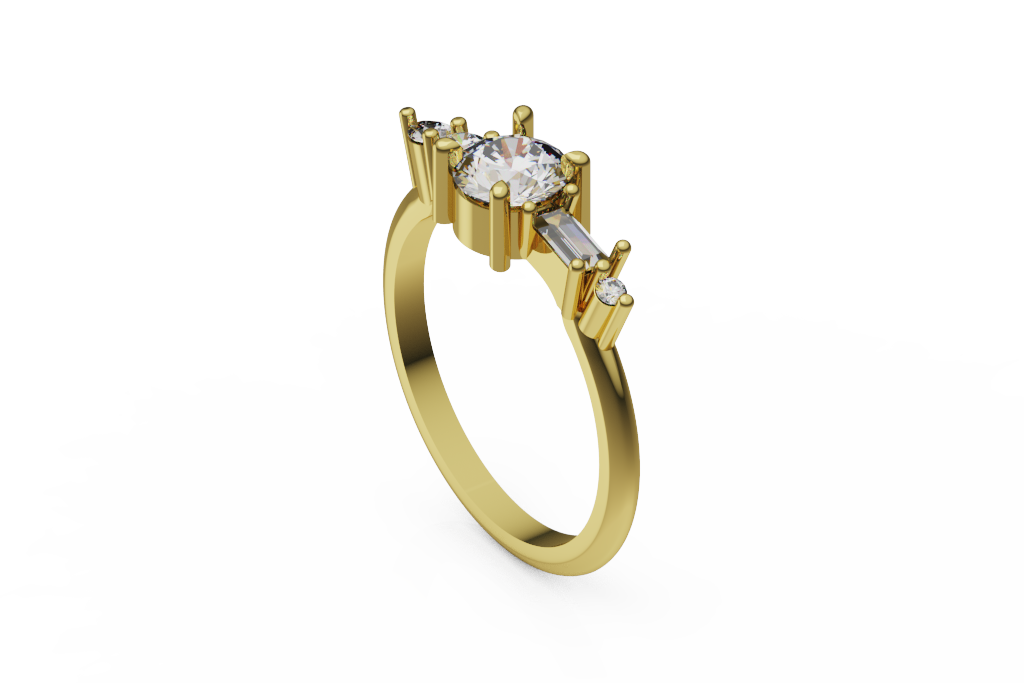 Round Center Ring With Asymmetrical Mixed Cut Side Accents