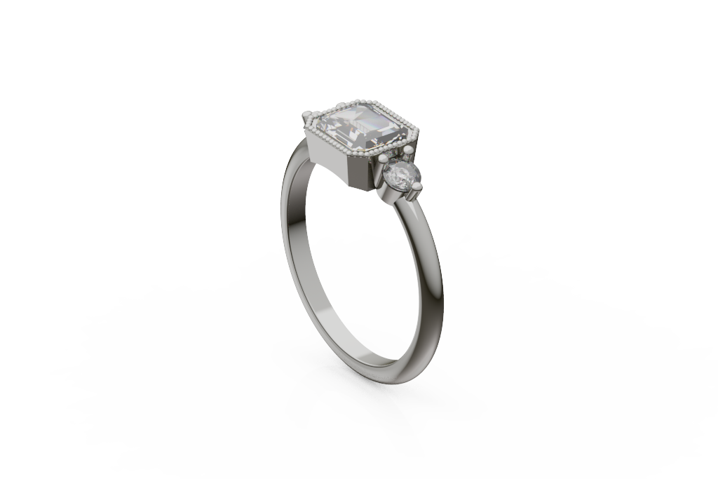Emerald Cut Beaded Halo Ring With Round Side Stones
