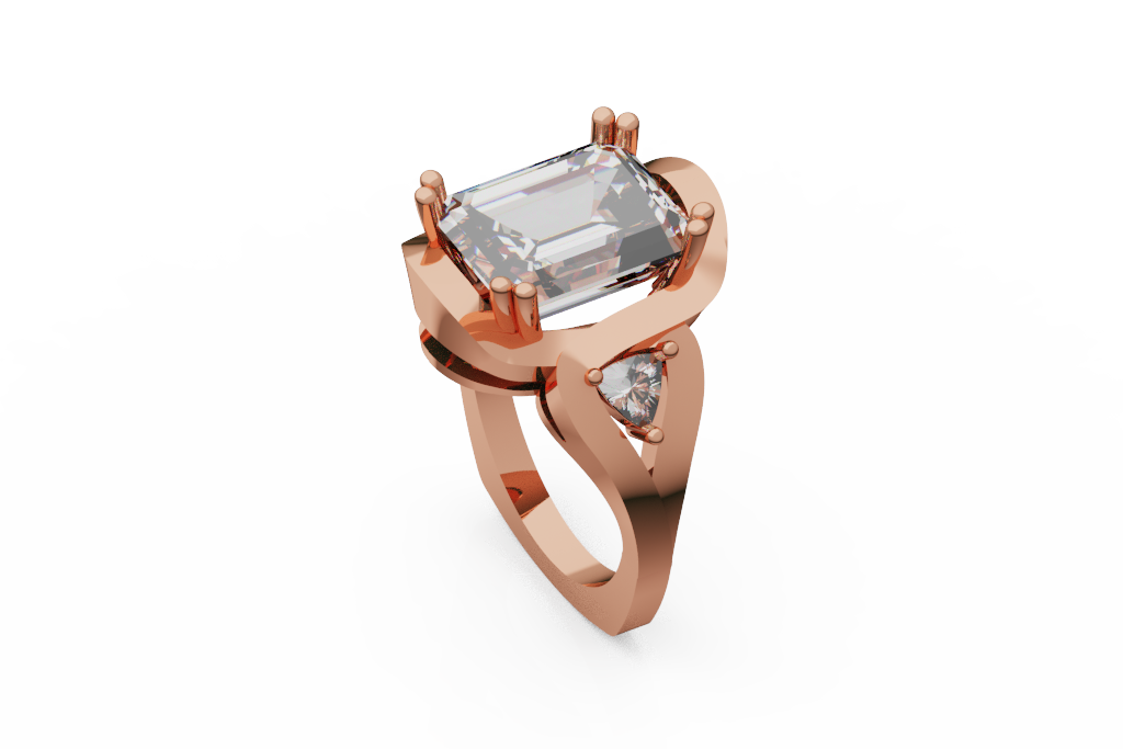 Statement Emerald Cut Ring With Bypass Shank And Trillion Side Stones
