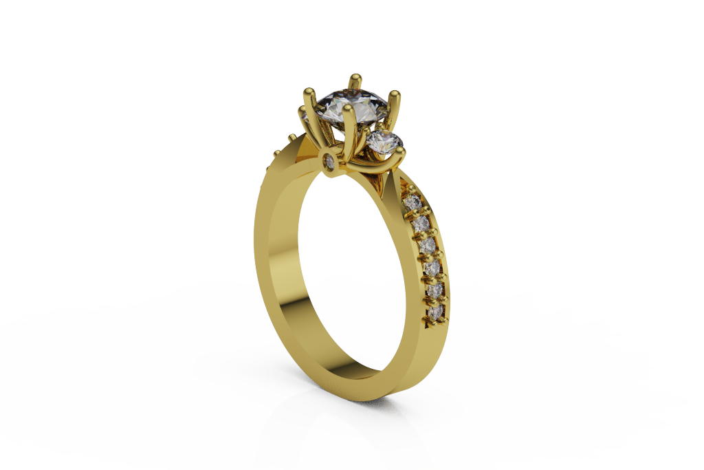 Round Three Stone Trellis Ring With Bead Set Shoulders