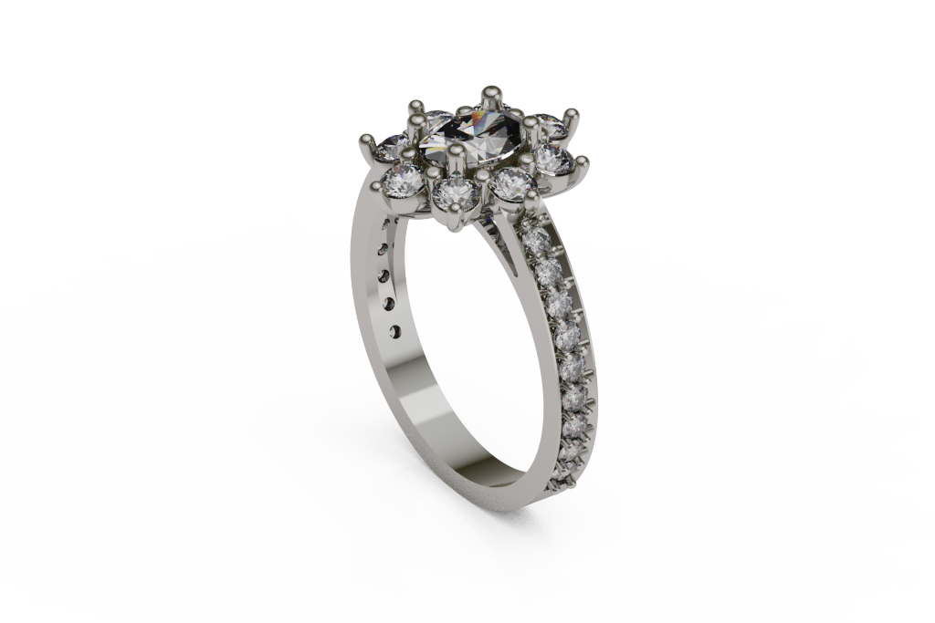 Oval Shaped Floral Halo Ring With Shared Prong Stone Shoulders