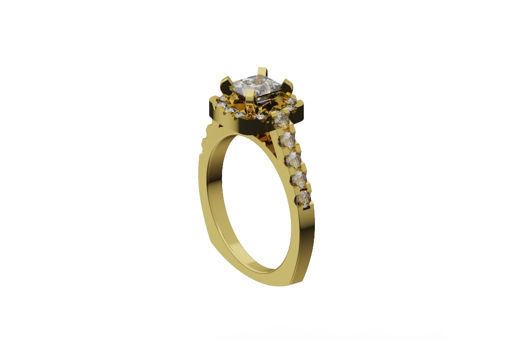 Princess cut with Halo Ring With Broad Cardinal Prongs