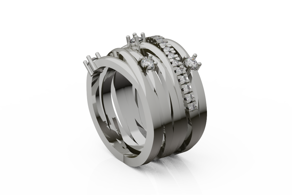 Wide Woven Ribbon Ring With Scattered Rounds And Step Cut Row