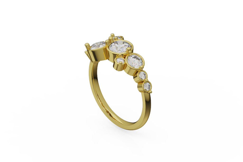 Asymmetric Round Stone Cluster Ring with Rimmed Settings