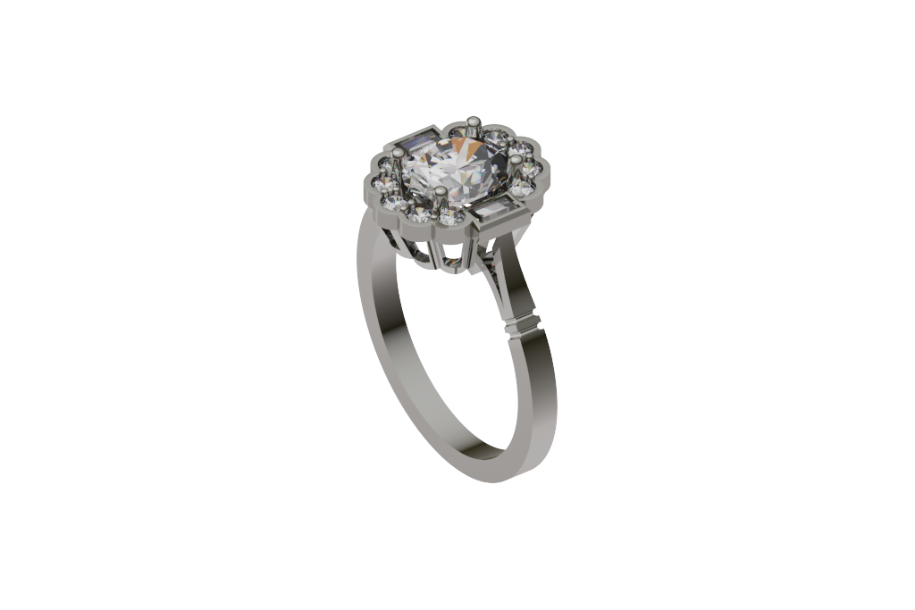 Oval Cluster Ring with Baguette Sides and Scalloped Round Accents