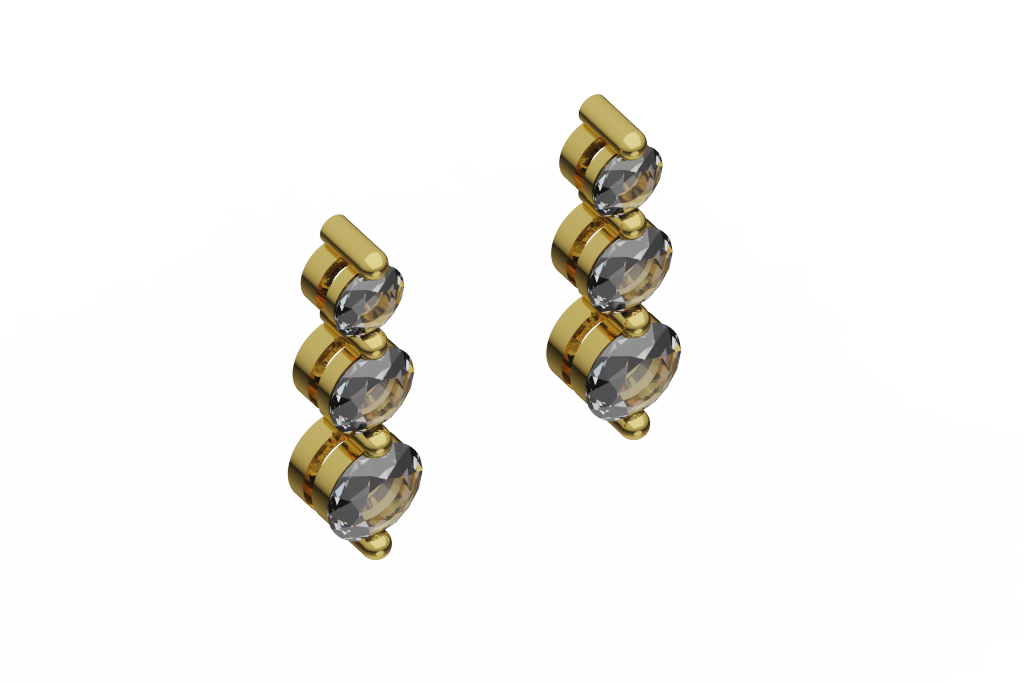 Stacked Three Stone Round Diamond Drop Earrings