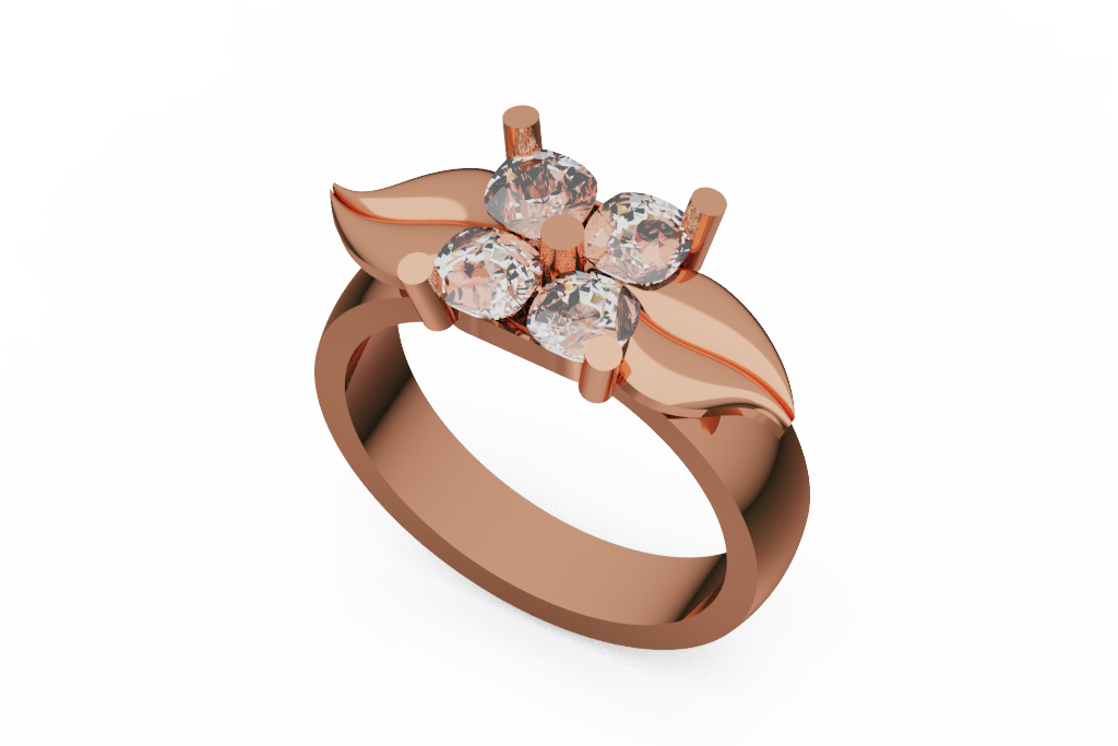 Four Stone Floral Diamond Ring With Leaf Shoulders
