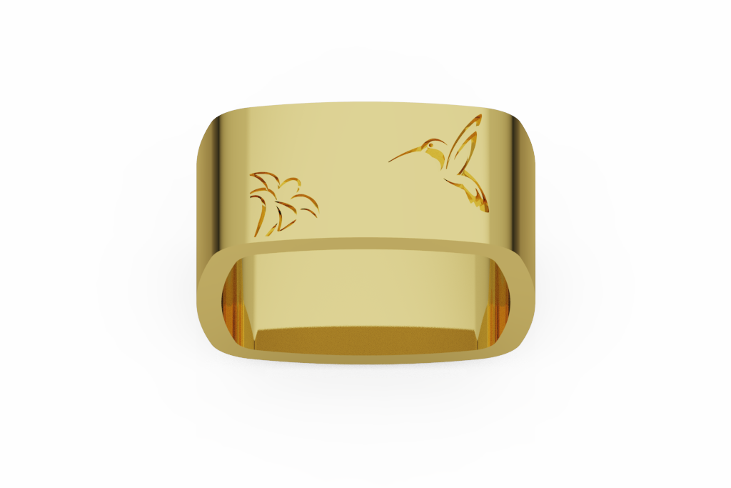 Wide Engraved Bird And Floral Signet Ring