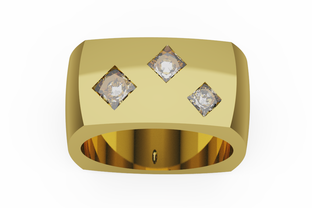 Wide Signet Ring With Three Princess Stones