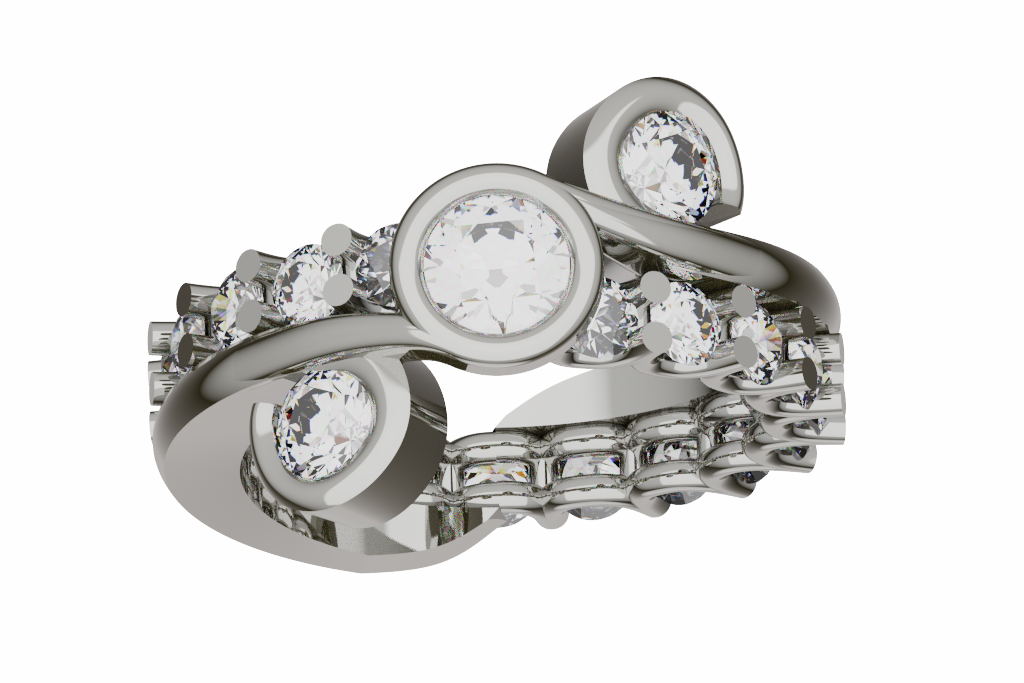 Layered Round Bezel Fashion Ring With Chain Shank