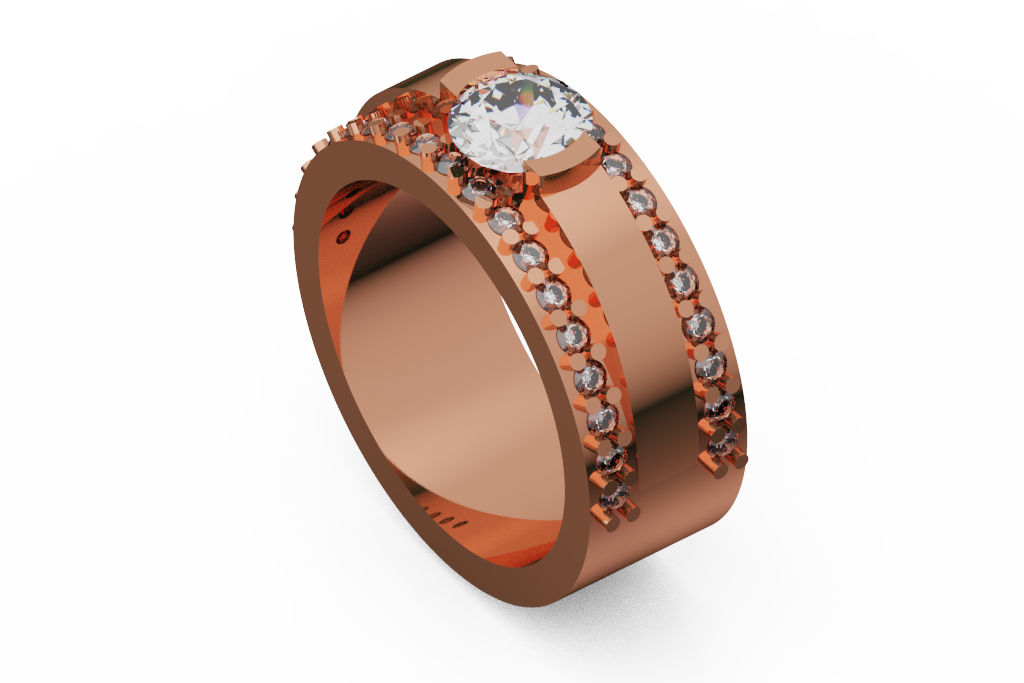 Wide Diamond Band Engagement Ring With Round Center