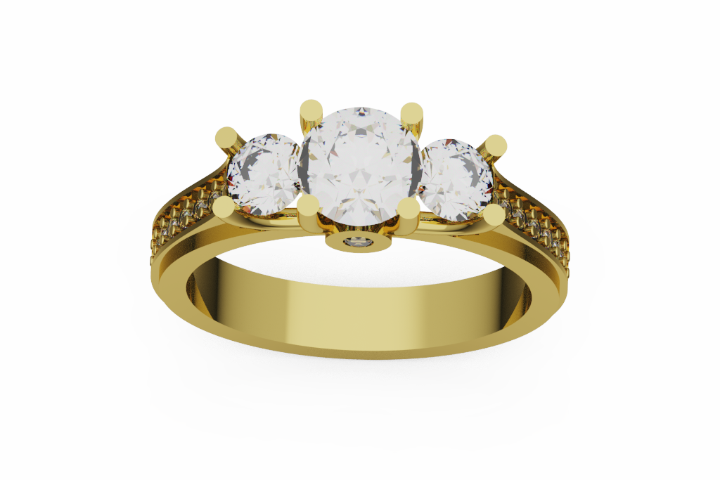 Round Three Stone Engagement Ring With Diamond Shoulders