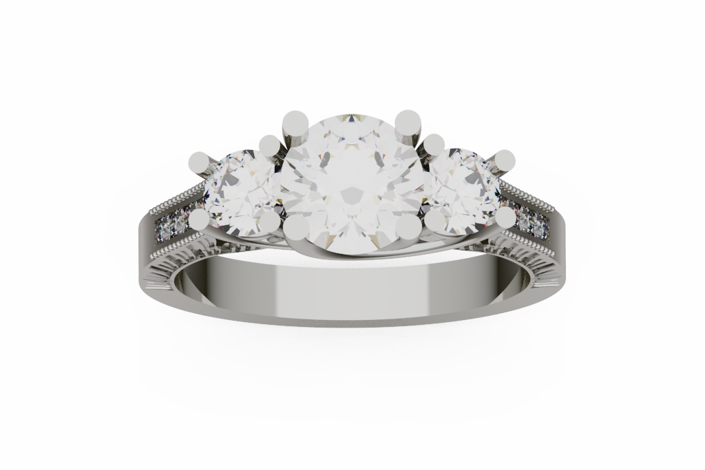 Round Three Stone Engagement Ring With Diamond Shoulders