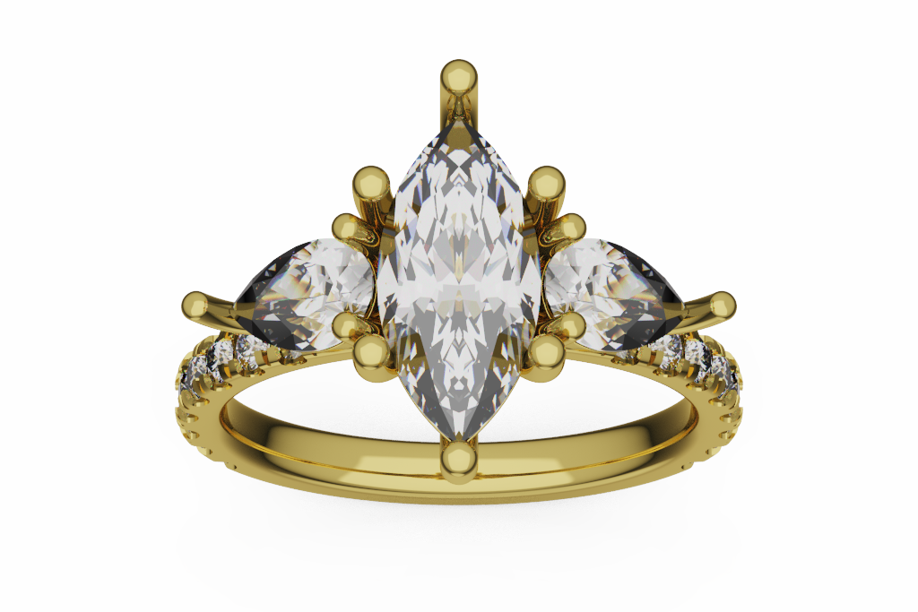 Marquise Three Stone Ring With Pear Side Stones And Pave Shoulders