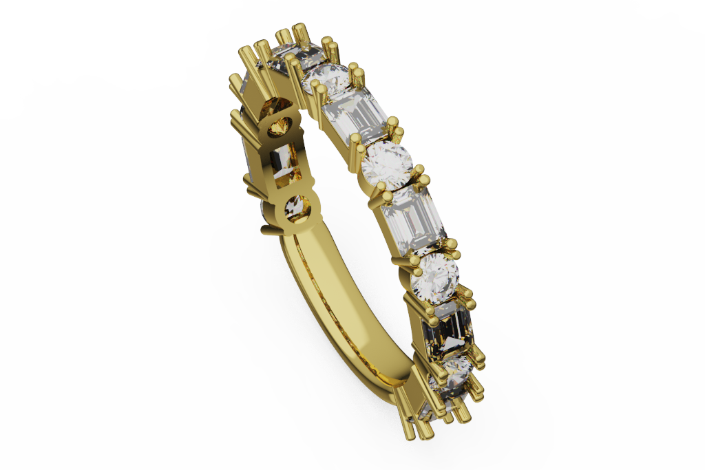 Emerald And Round Diamond Alternating Band With Fan Ends