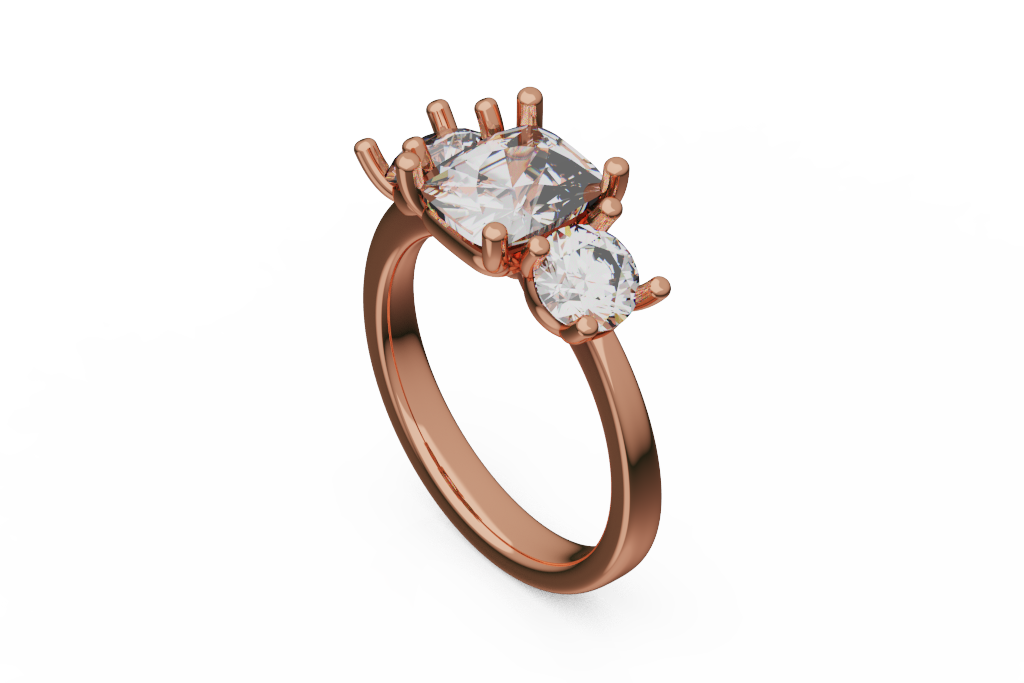 Cushion Three Stone Ring With Round Side Stones