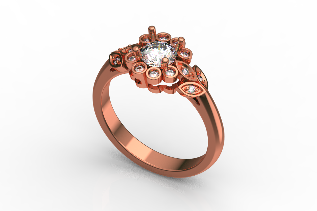 Round Floral Cluster Ring With Marquise Leaf Shoulders