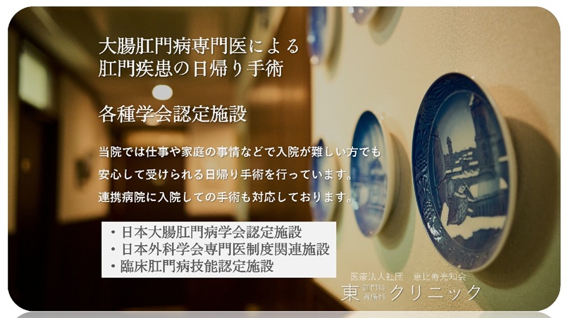 肛門疾患日帰り手術を行っています
東肛門科胃腸科クリニックは日本大腸肛門病学会認定施設、臨床肛門病技能認定施設であり、専門医師による肛門疾患診療を行っております。