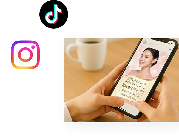 スマートフォンで美容クリニックの投稿にいいねをしているイメージと、InstagramやTikTokのアイコン