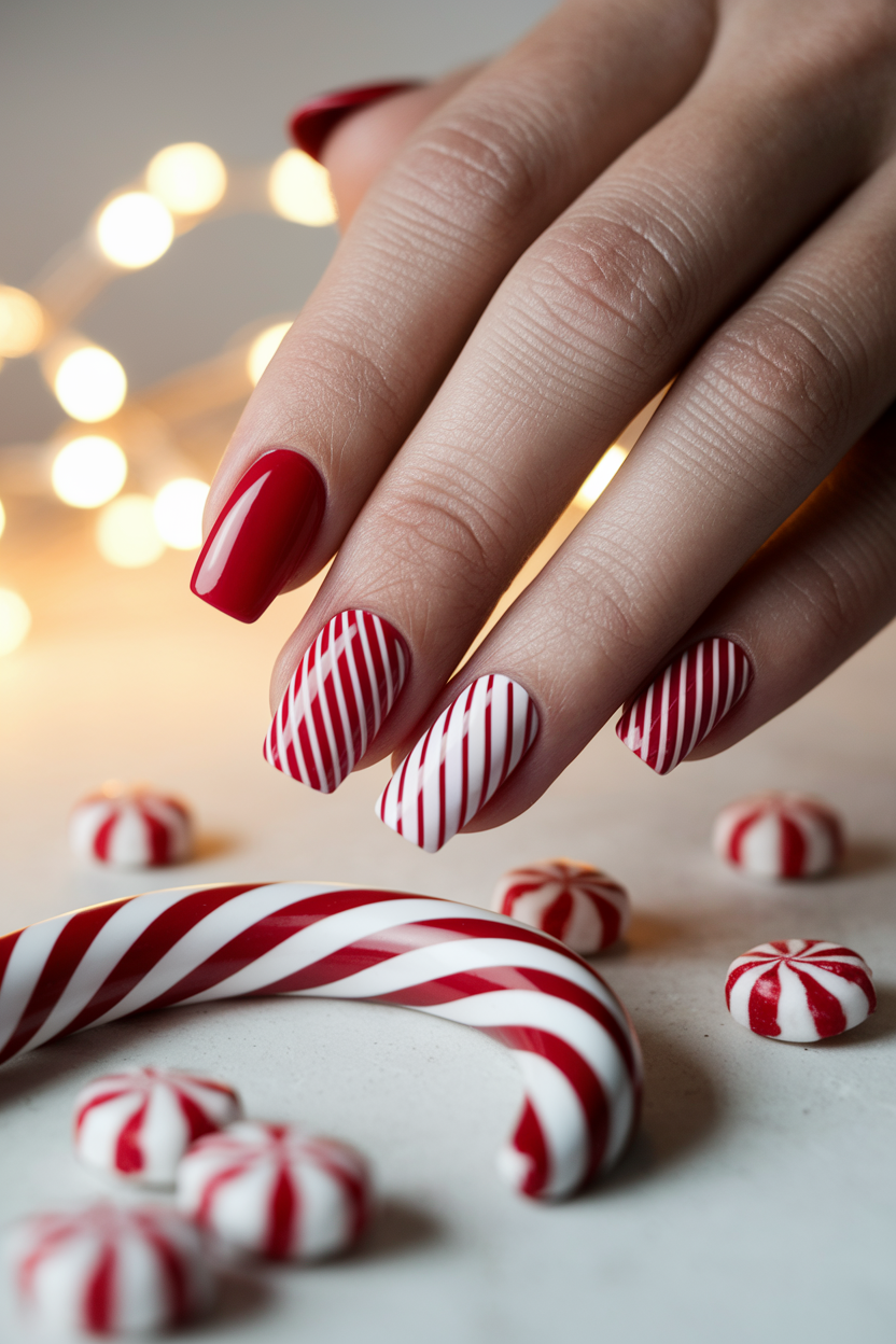 16. Playful Candy Cane Nails