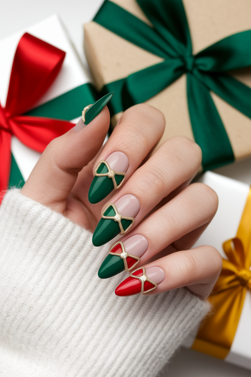 40 Stunning Christmas Nails to Rock This Holiday Season 32. Pretty Christmas Bow Nails