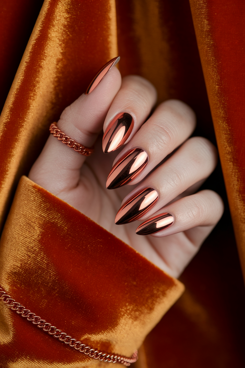 15 Trending November Nail Looks You Need to Try This Season 5. Striking Copper Chrome Nails