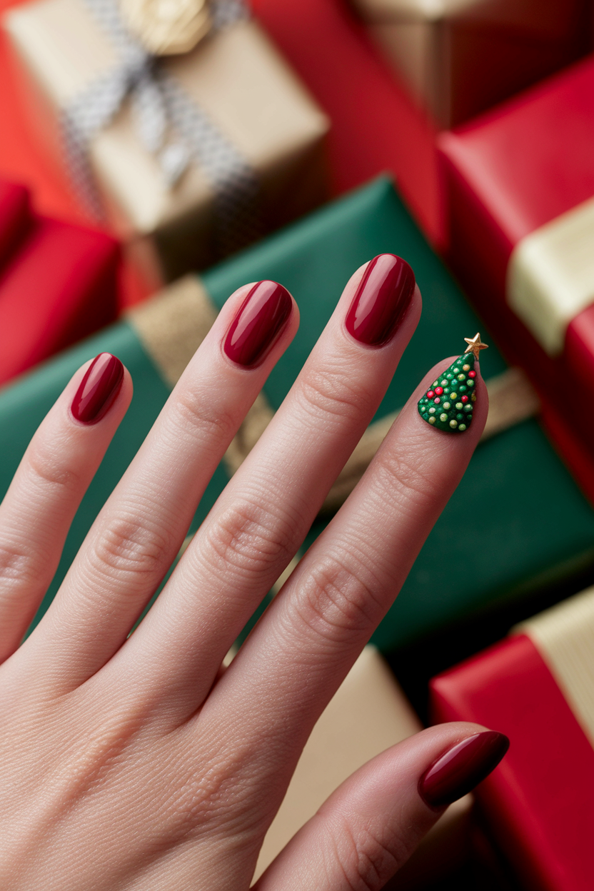 30 Gorgeous December and Winter Holiday Nails to Try This Season 9. Festive Christmas Tree Accent Nail Tutorial