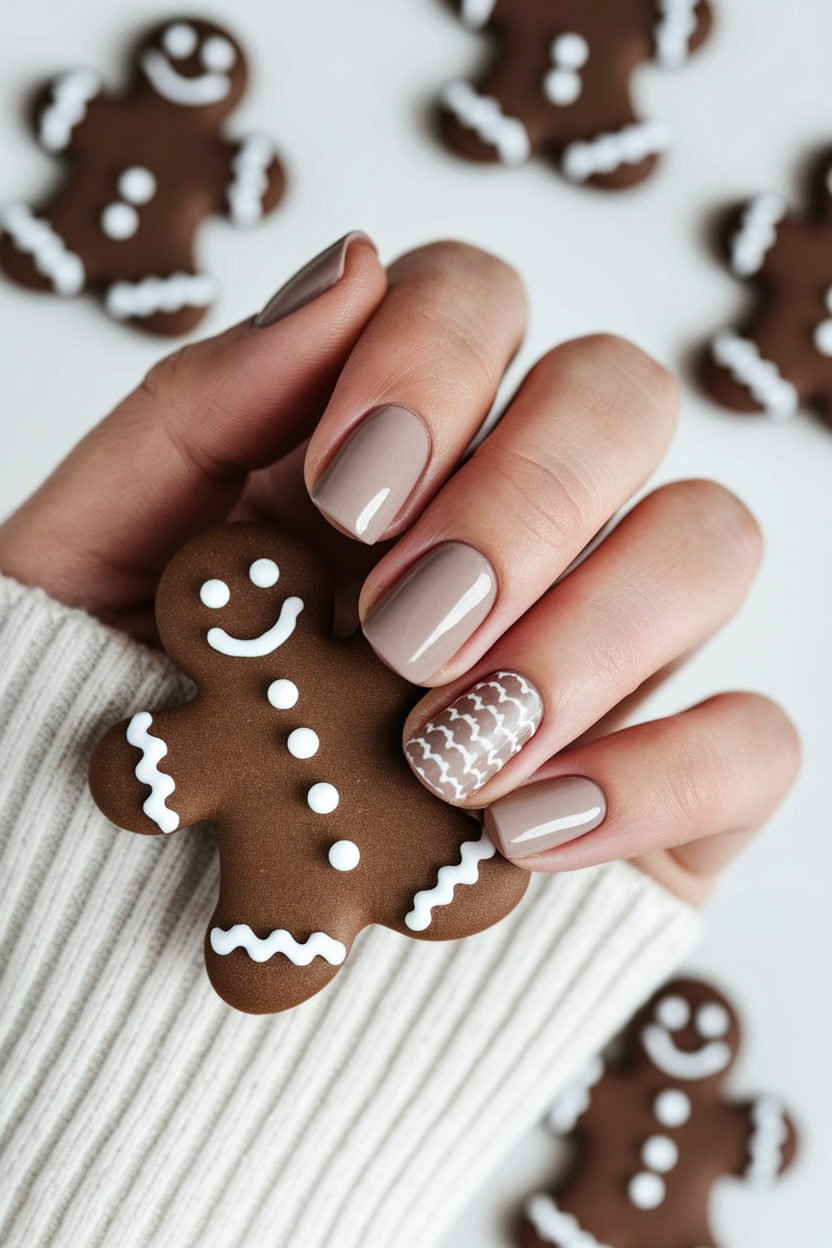 30 Gorgeous December and Winter Holiday Nails to Try This Season 20. Adorable Gingerbread Man Accent Nails