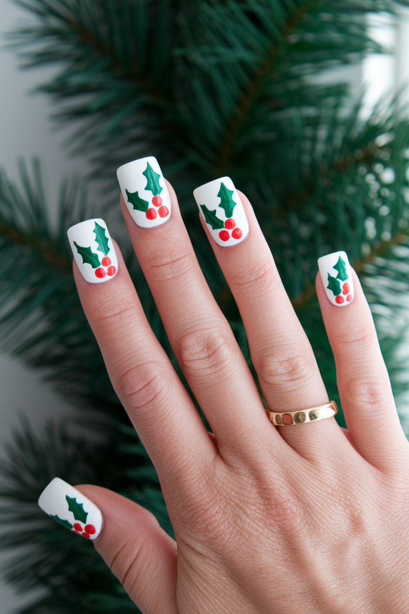 30 Gorgeous December and Winter Holiday Nails to Try This Season 23. Artistic Hand-Painted Holly Berry Holiday Nails