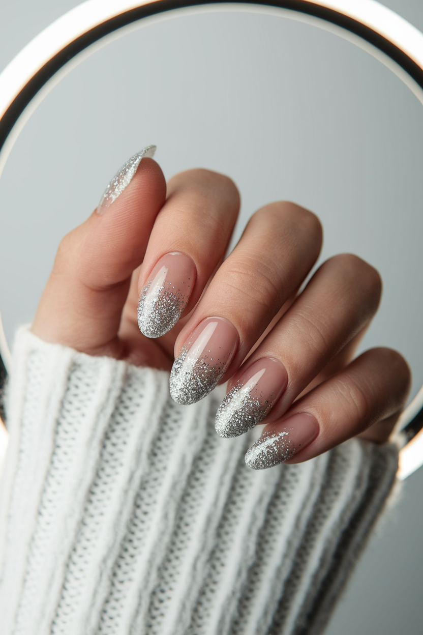 30 Gorgeous December and Winter Holiday Nails to Try This Season 18. Sparkling Silver Glitter Gradient Winter Nails