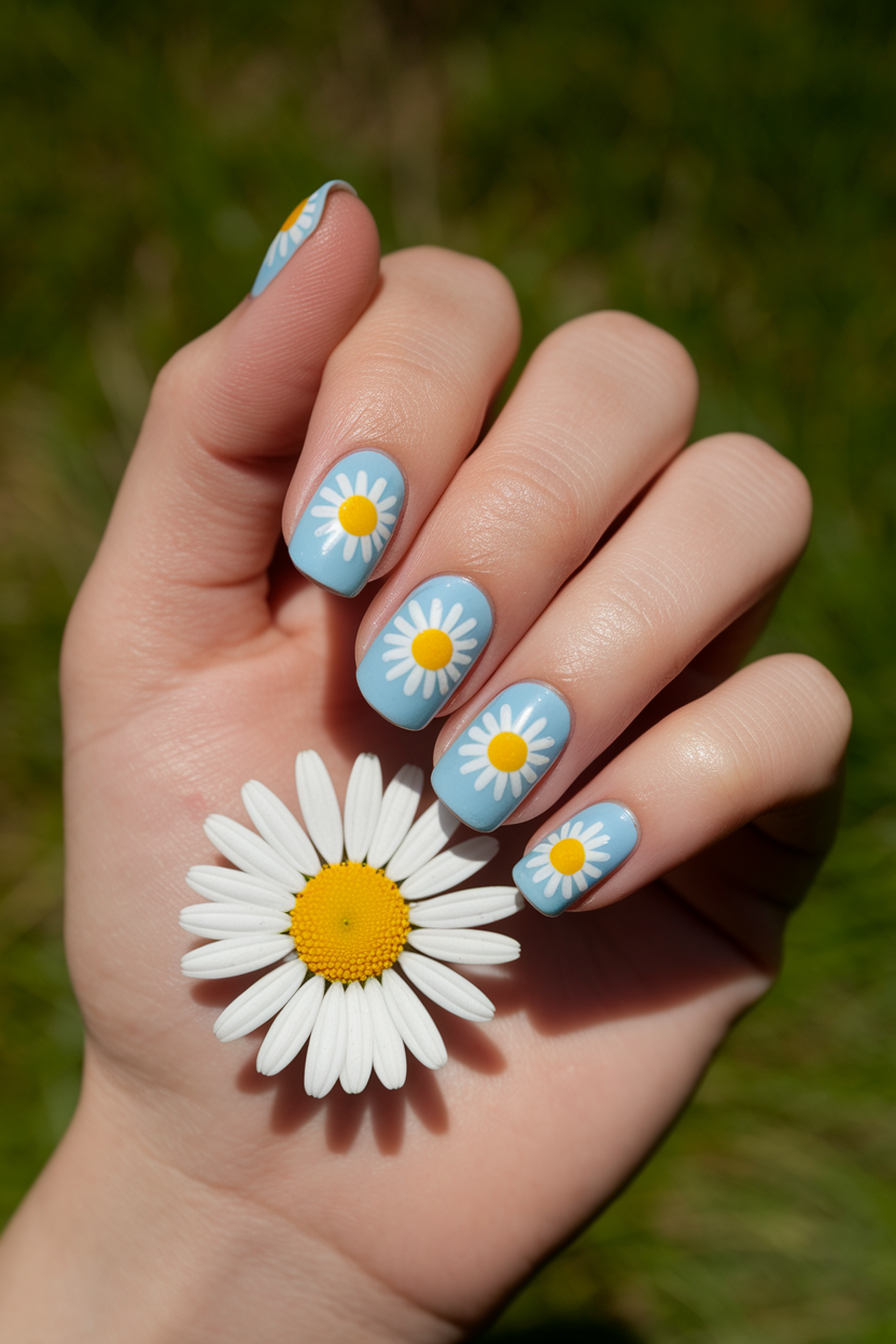12. Cheerful Daisy Nails