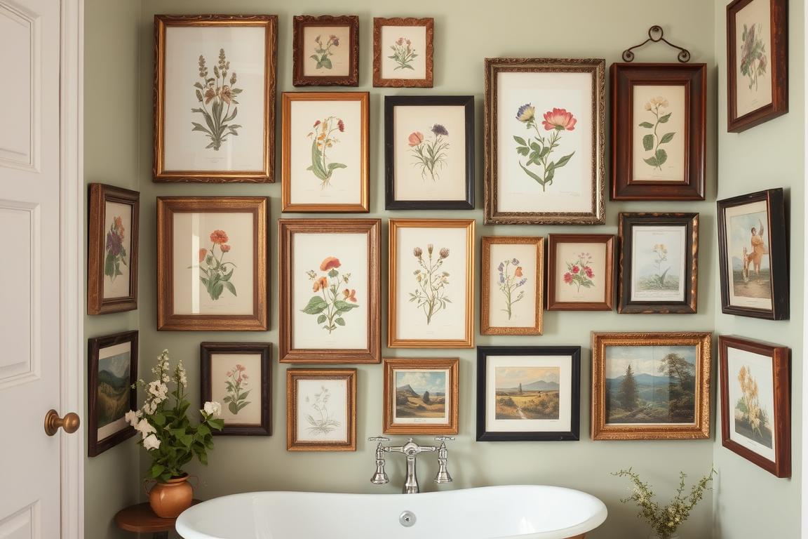 Gallery wall of framed botanical prints and vintage landscapes in a European cottage bathroom