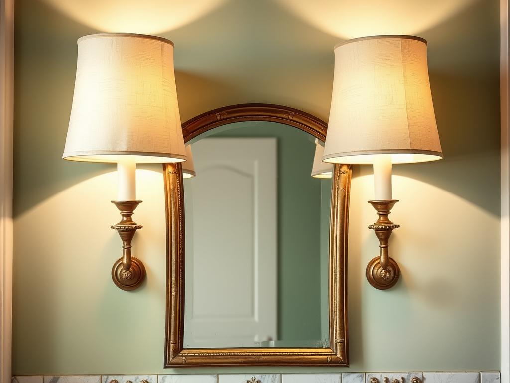 Brass wall sconces with fabric shades flanking a vintage mirror in a European cottage bathroom