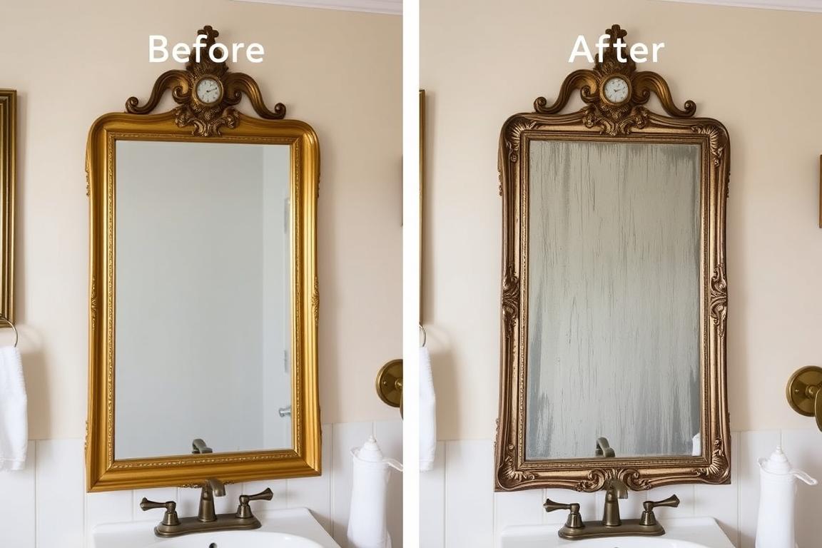 Before and after of a DIY aged mirror frame showing the transformation to vintage European style