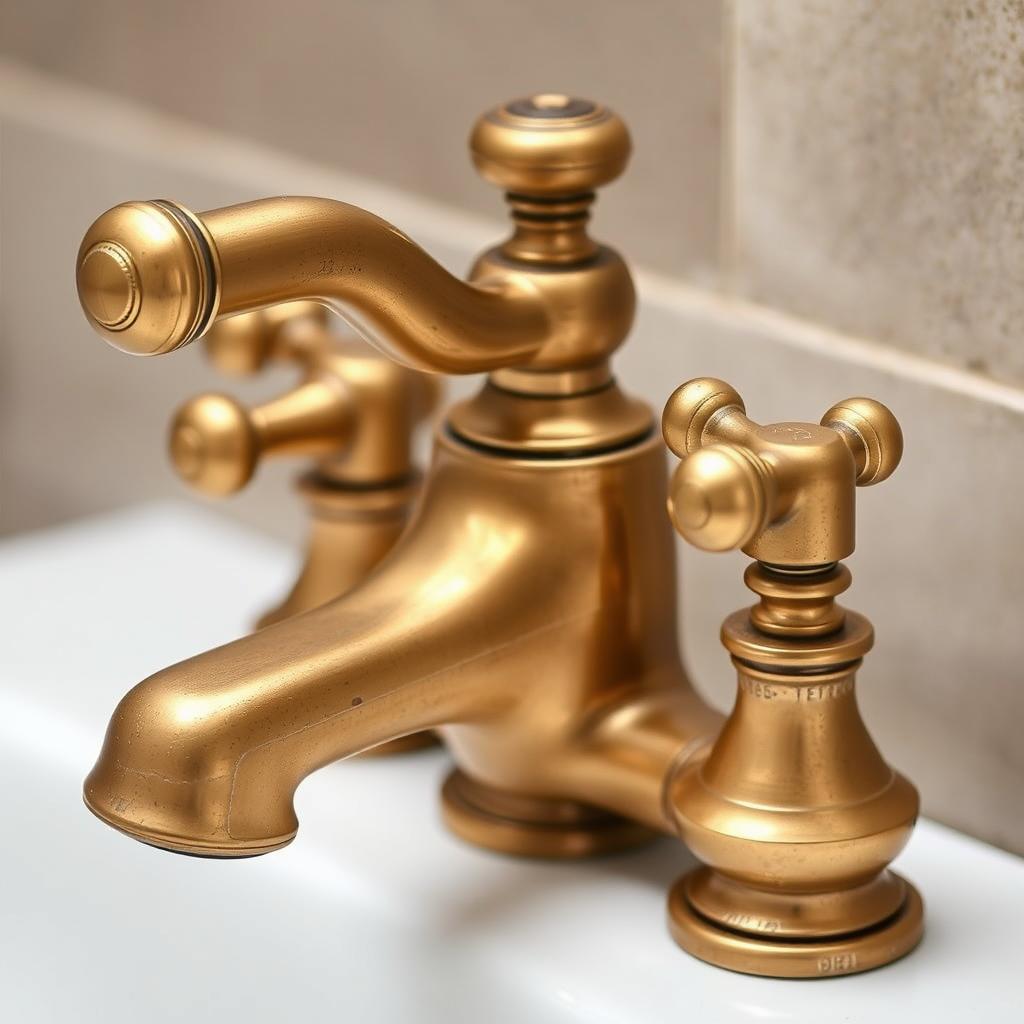 Vintage-style brass bathroom faucet with cross handles and aged patina
