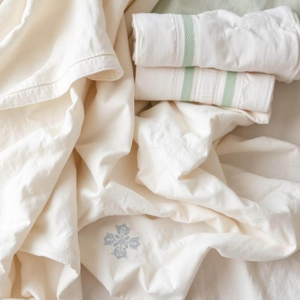 Natural linen towels and textiles in soft, muted colors for a European cottage bathroom