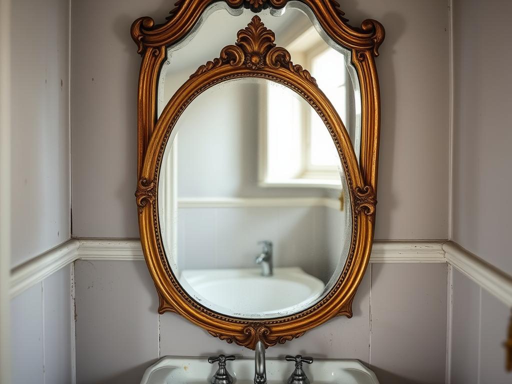 Ornate vintage mirror with aged patina hanging above a pedestal sink in a European cottage bathroom