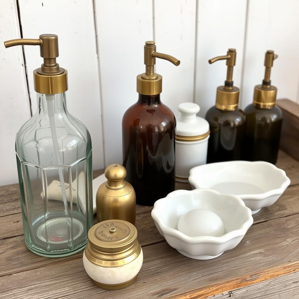 Vintage-style bathroom accessories including glass bottles, ceramic soap dishes, and brass containers