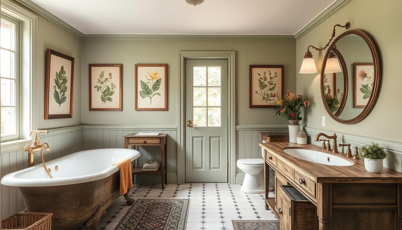 Completed cozy vintage European cottage bathroom with all elements harmoniously combined