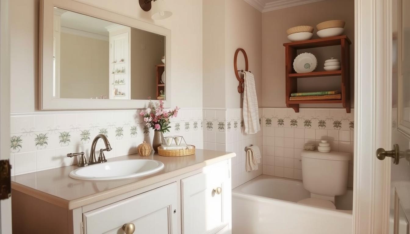 Budget-friendly European cottage bathroom with repurposed furniture and DIY elements
