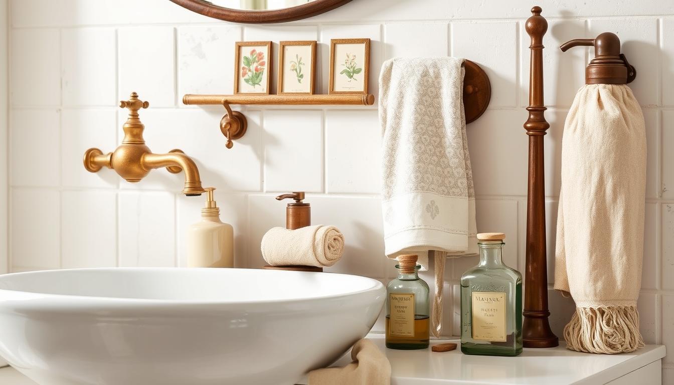 Collection of vintage-inspired bathroom fixtures and accessories arranged in a styled vignette