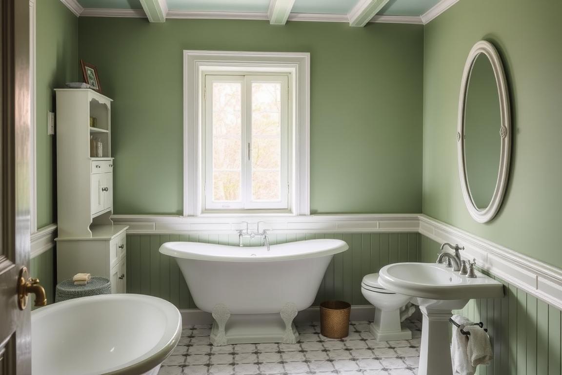 Bathroom with sage green walls and white trim showcasing a perfect vintage European cottage color palette