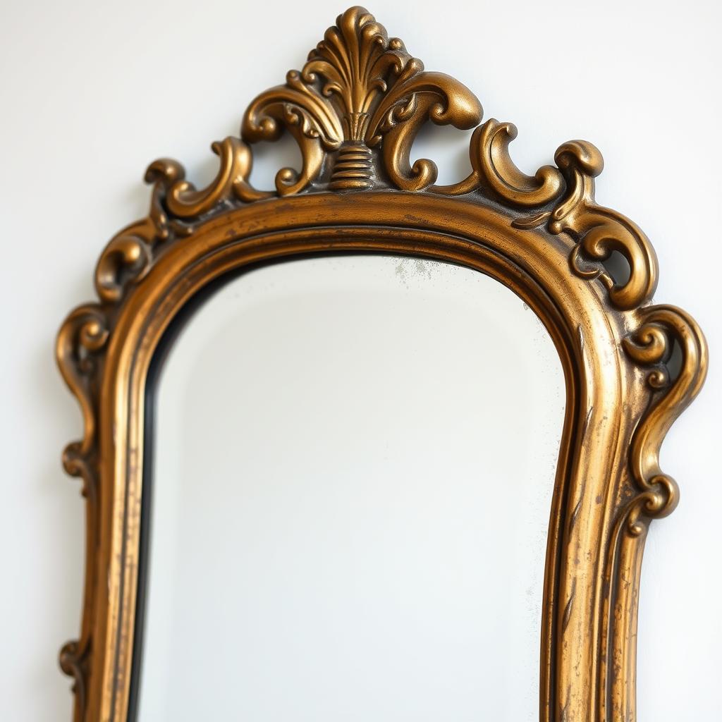 Ornate vintage mirror with aged gold frame and patina for European cottage bathroom