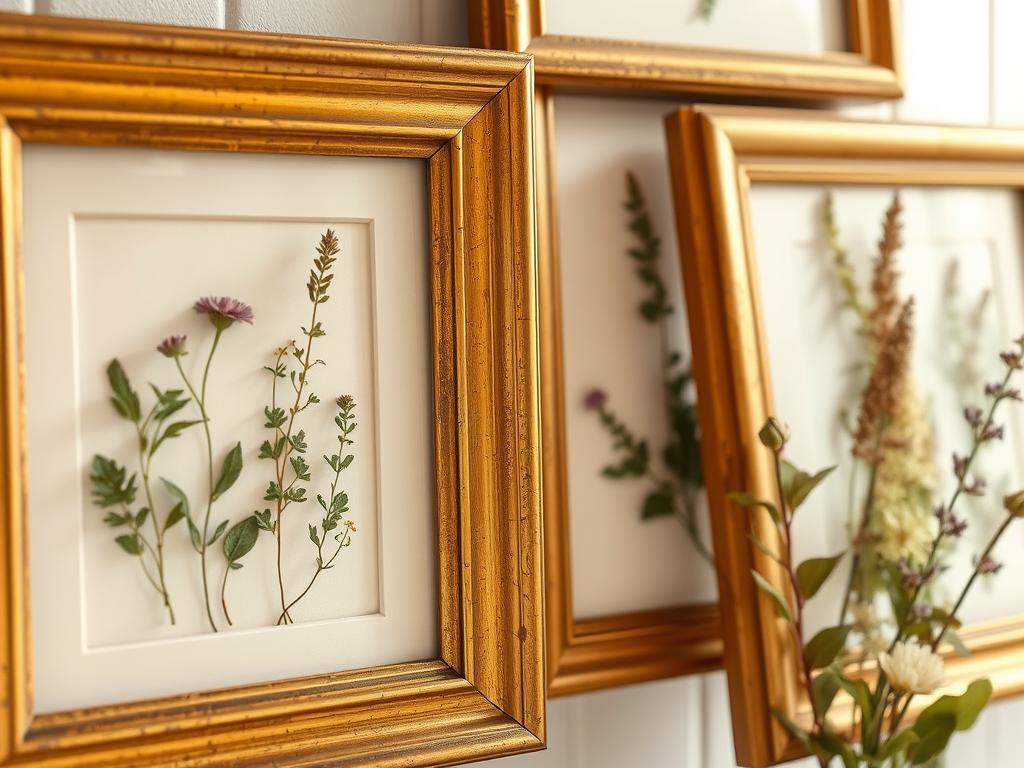 Close-up of framed pressed herbs in vintage frames creating authentic cottage bathroom decor