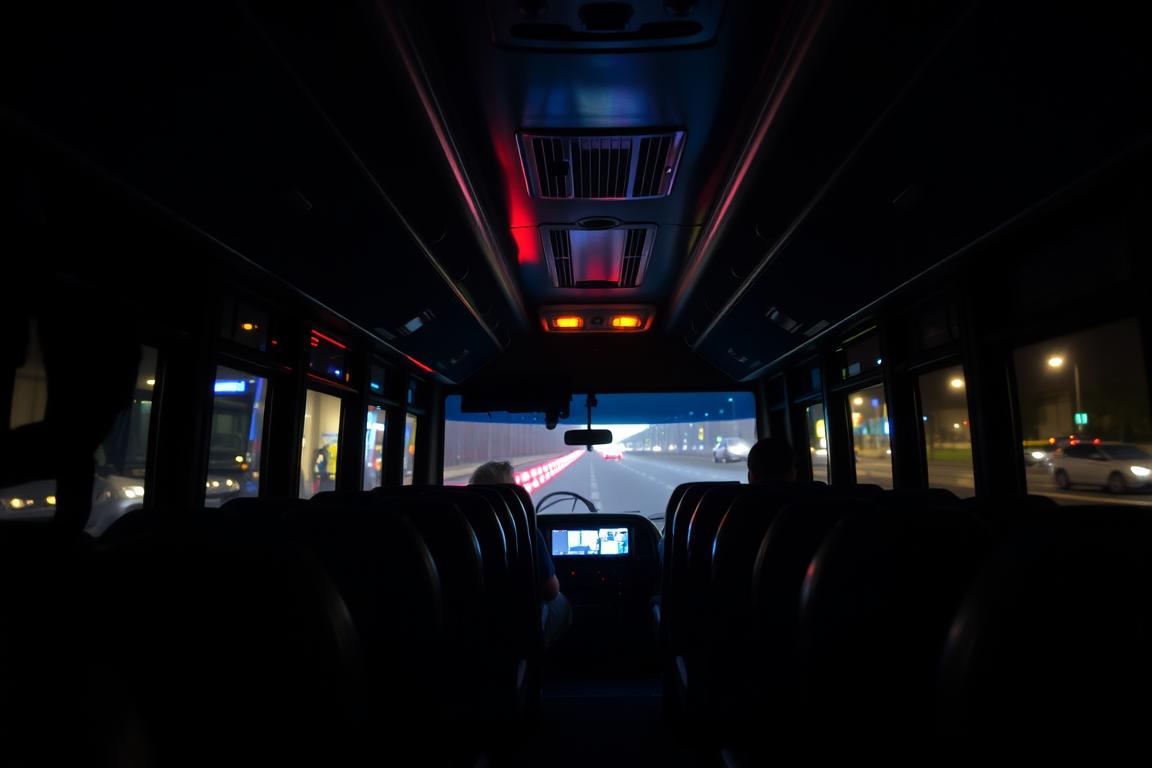 A dimly lit interior of a Tripcraft night bus, its windows casting a warm glow onto the empty leather seats. The aisle is narrow, with overhead luggage racks casting shadows. Soft lighting illuminates the driver's dashboard, hinting at the journey ahead. The atmosphere is peaceful, with a sense of solitude and anticipation for the long, winding road ahead. The bus's exterior is a sleek, modern design, reflecting the city lights as it glides through the night.