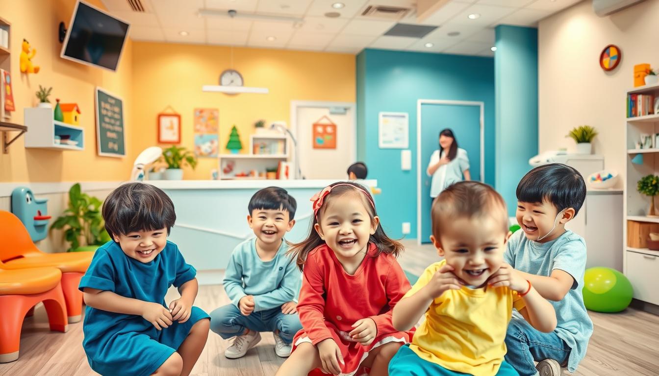 新竹兒童牙齒矯正推薦:張瀞文醫師 A cheerful and inviting dental clinic for children, with a warm and friendly atmosphere. The scene depicts a cozy waiting area, with bright colors, whimsical decor, and engaging toys and activities to keep young patients entertained. In the foreground, a group of children are playing together, their smiles and laughter radiating a sense of comfort and ease. The midground showcases the clinic's reception desk, staffed by a welcoming and attentive receptionist. The background features the treatment rooms, where the skilled pediatric dentist, Dr. Zhang Jingwen, provides exceptional care and attention to each child's dental health. The lighting is soft and natural, creating a calming and nurturing environment. The overall composition conveys a sense of trust, safety, and a child-centered approach to dental care.